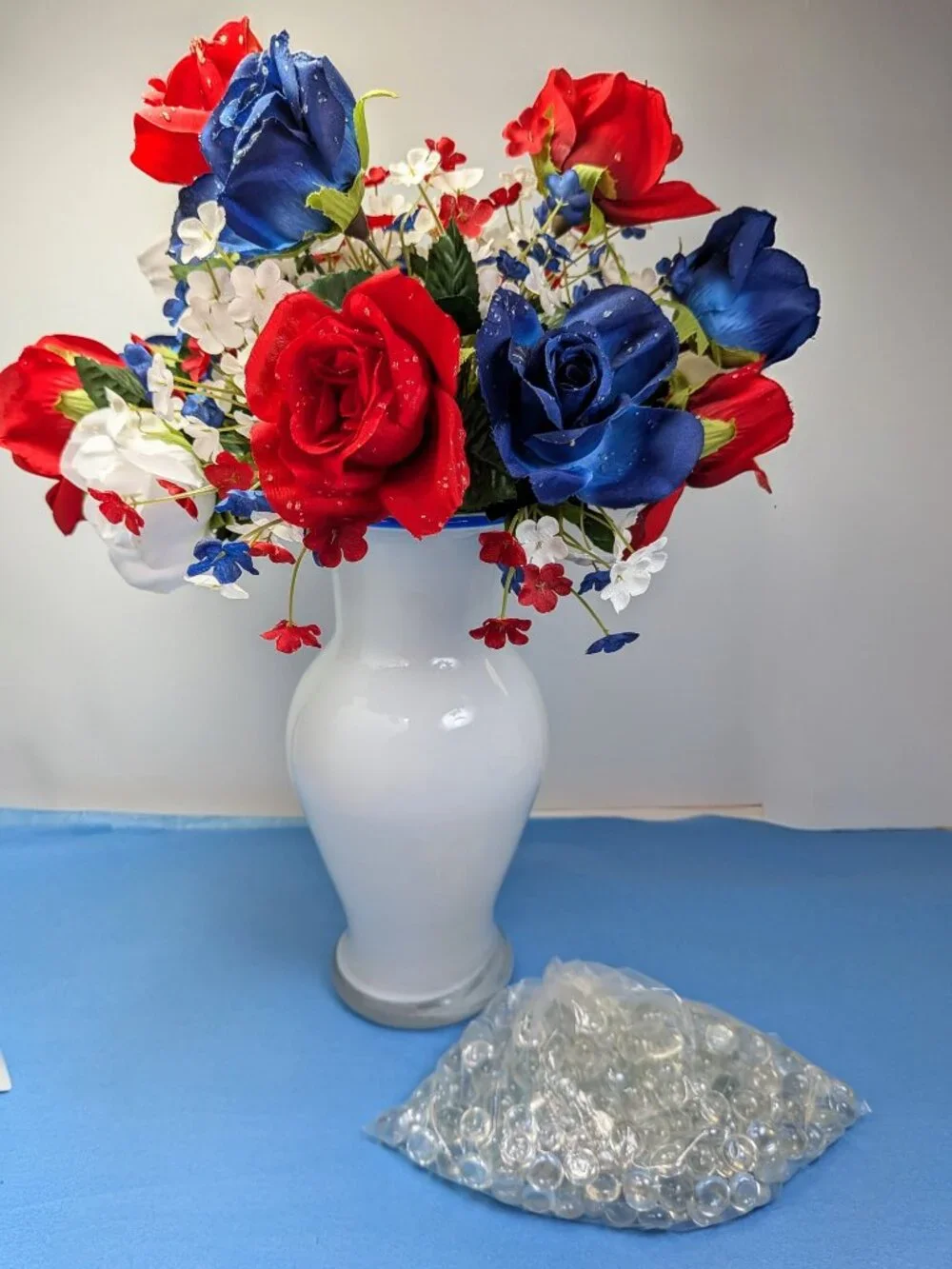 Vintage Cased White Milk Glass Trumpet Vase Cobalt Blue Rim Floral Bead Bundle